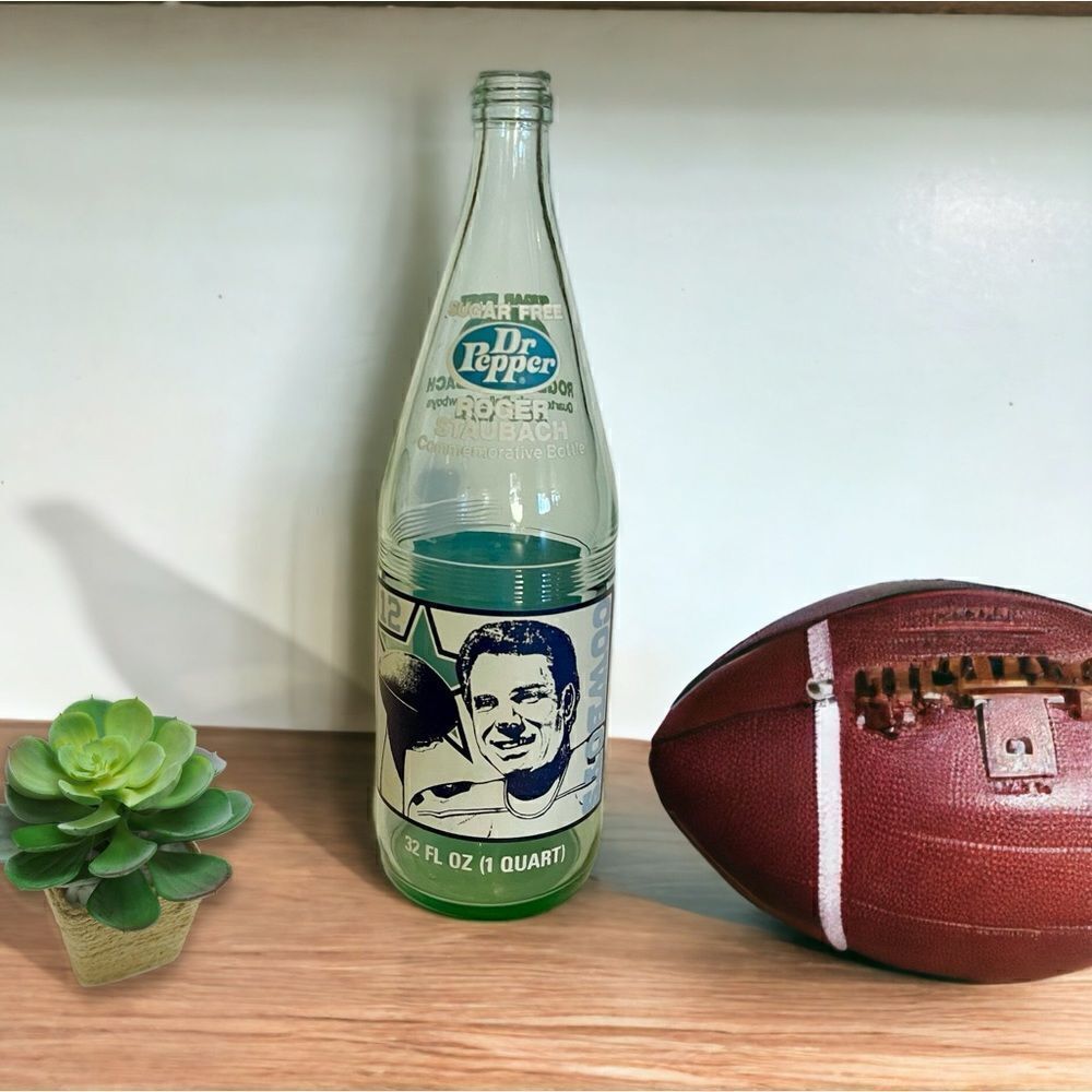 1970’s Sugar Free DrPepper Roger Staubach Dallas Cowboys Commemorative Bottle